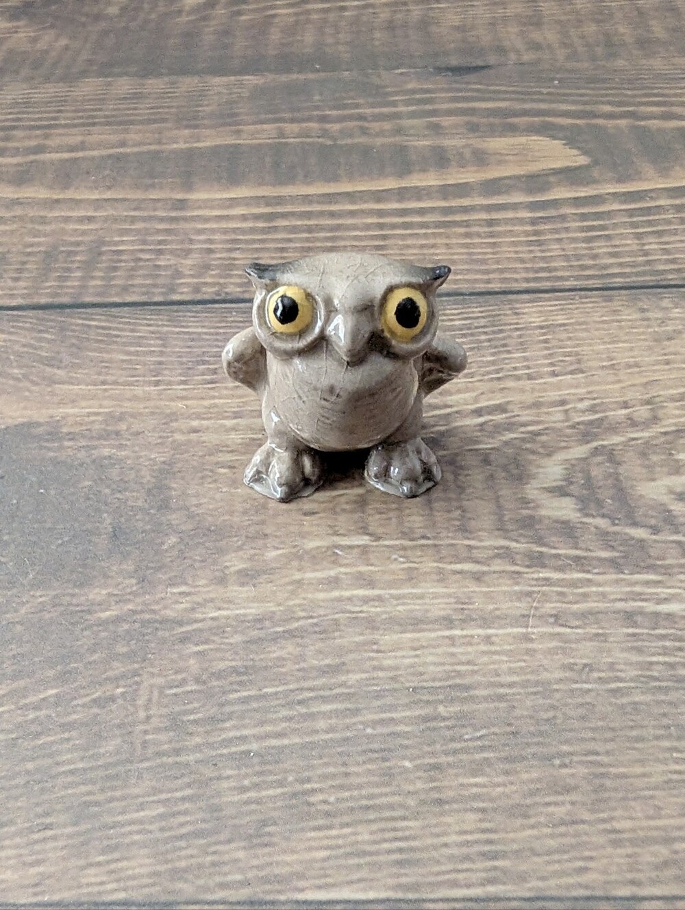 Vintage Ceramic Owl Figurine Miniature Wide Eyed Glaze Beige Brown 1.25 in